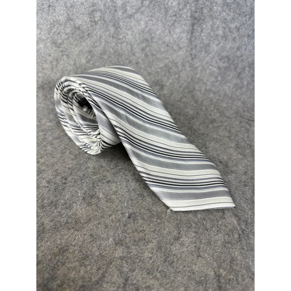 Calvin Klein Mens Silk Blend Striped Necktie Grey Silver Black RN 121148